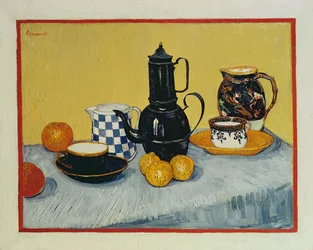 Stilleben med blå emalje kaffekanne, keramikk og frukt, 1888